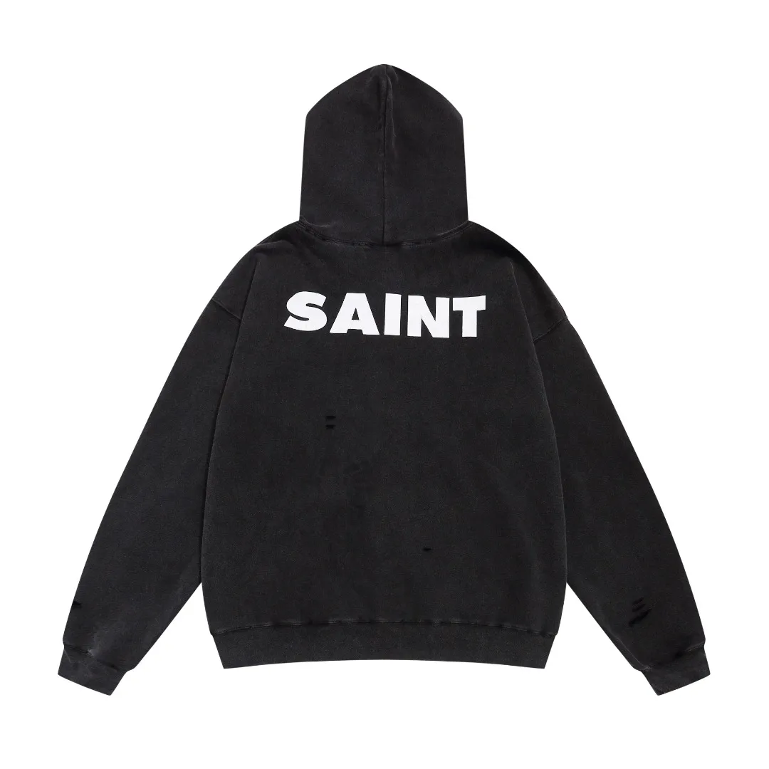 AINT Michael ‘SAINT’ letter destroyed distressed washed print retro loose hooded sweatshirt Fabric: 420g Style number: SM622 Size: S-M-L-XL Color: Black Price: P236